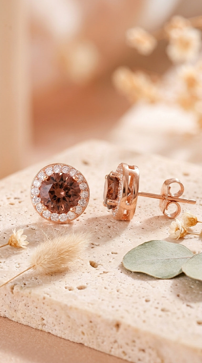 Rose Gold Halo Sterling Silver Stud Earrings