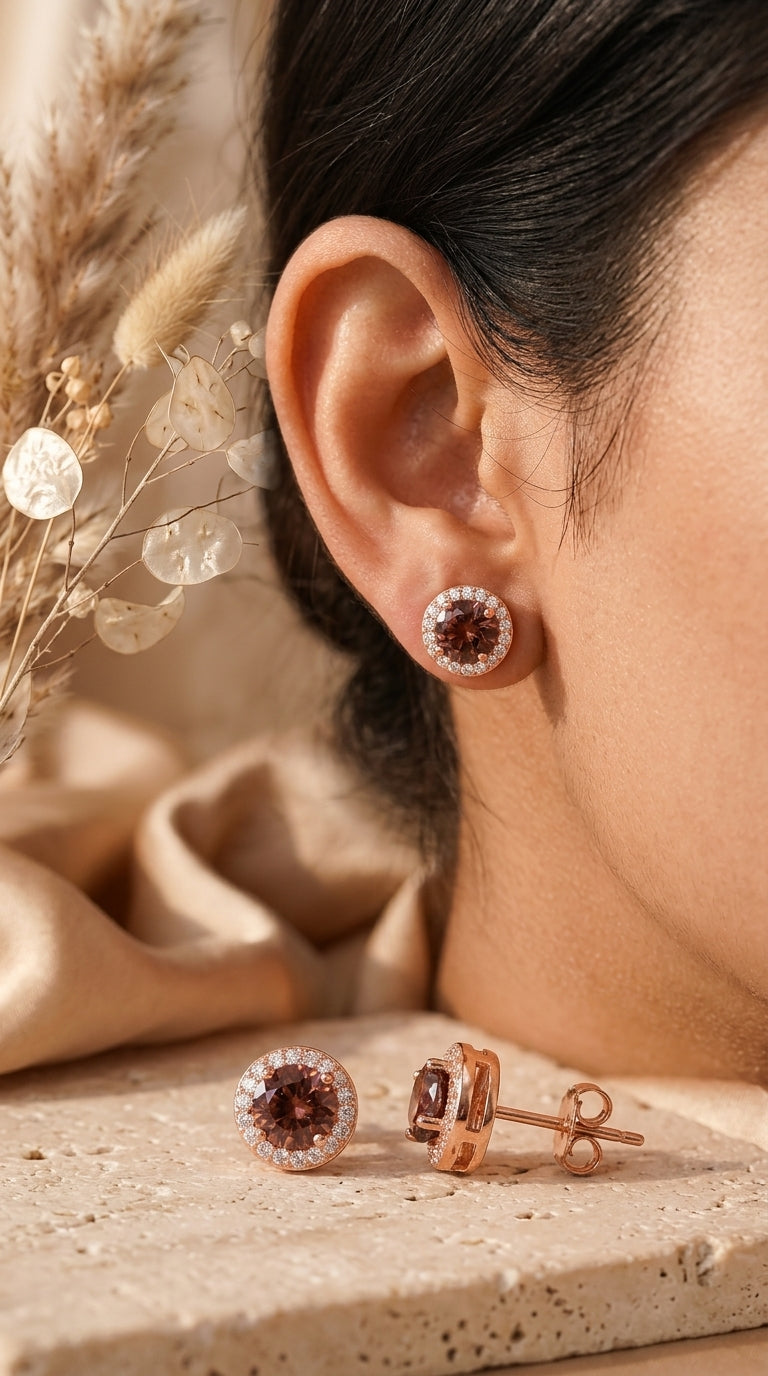Rose Gold Halo Sterling Silver Stud Earrings