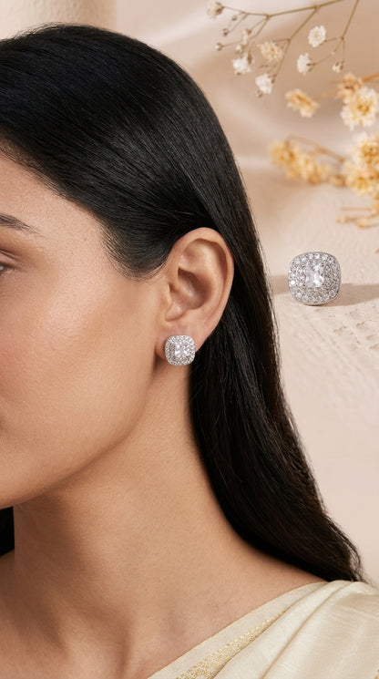 Radiant Cushion Halo Sterling Silver Stud Earrings