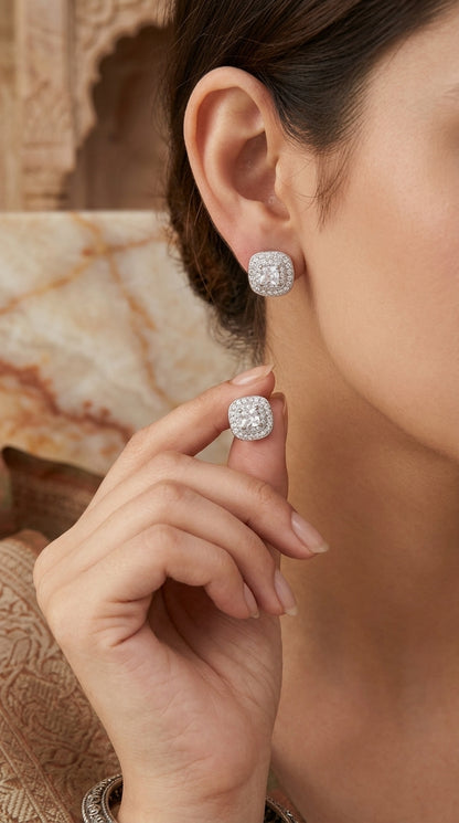 Radiant Cushion Halo Sterling Silver Stud Earrings