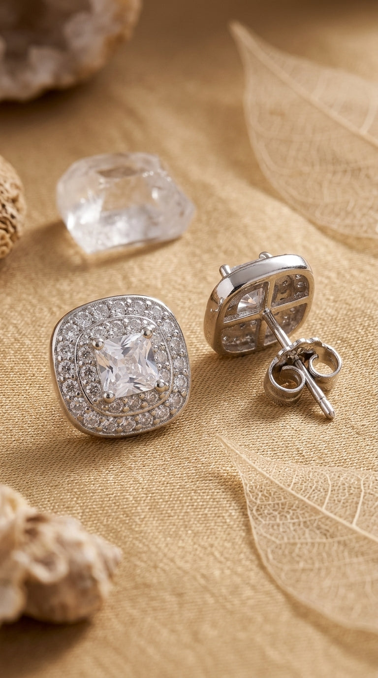 Radiant Cushion Halo Sterling Silver Stud Earrings