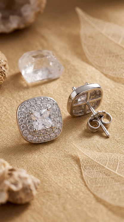 Radiant Cushion Halo Sterling Silver Stud Earrings