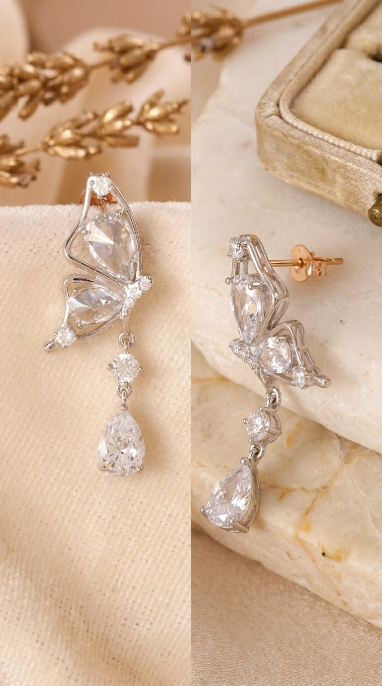 Butterfly Drop CZ Earrings 925 Sterling Silver