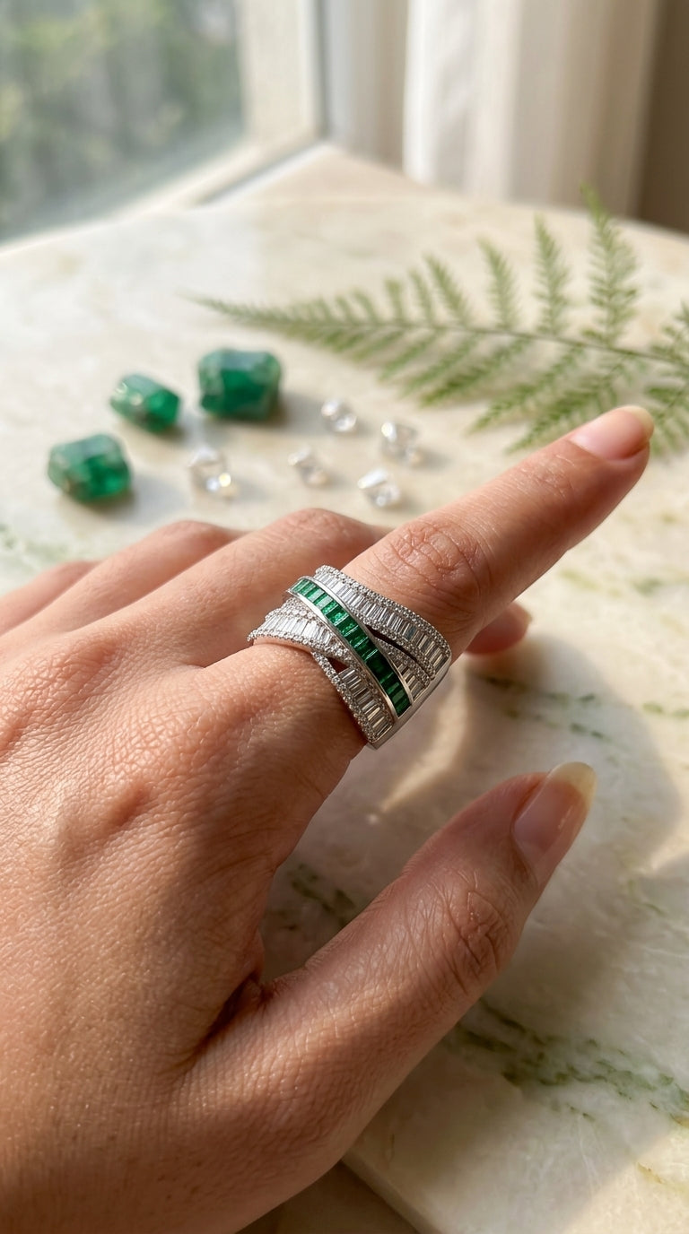 Emerald Elegance Crossover Ring