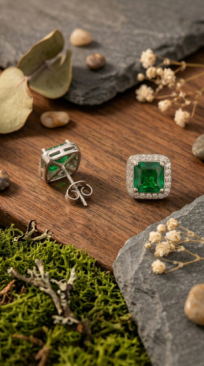 Emerald Halo Stud Earrings