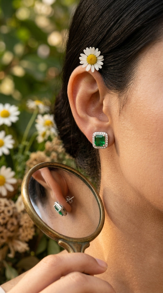 Emerald Halo Stud Earrings