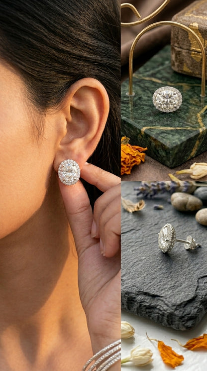 Oval Halo Moissanite Stud Earrings