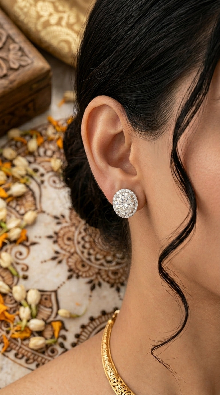 Oval Halo Moissanite Stud Earrings