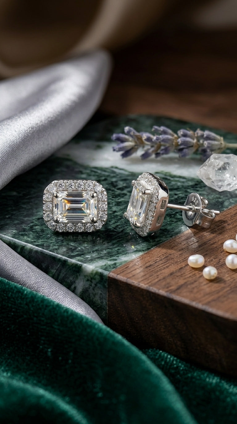 Emerald-Cut Halo Moissanite Stud Earrings