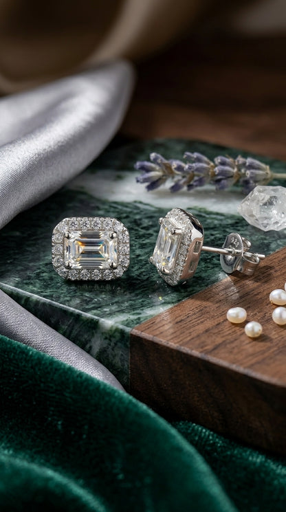 Emerald-Cut Halo Moissanite Stud Earrings