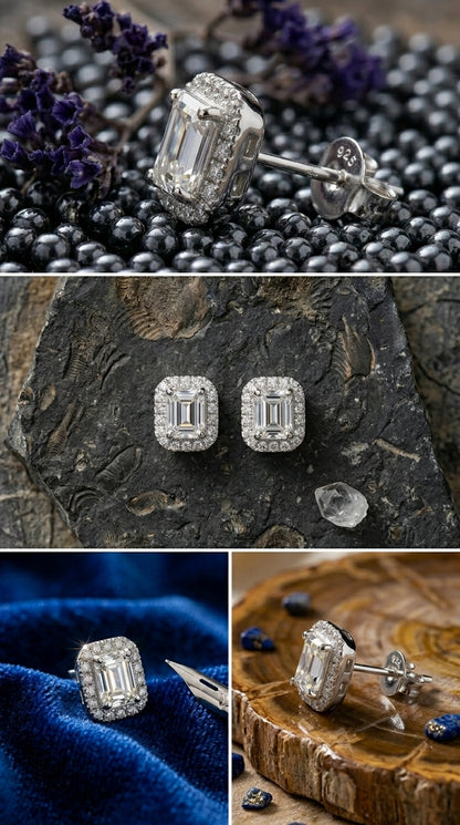 Emerald-Cut Halo Moissanite Stud Earrings