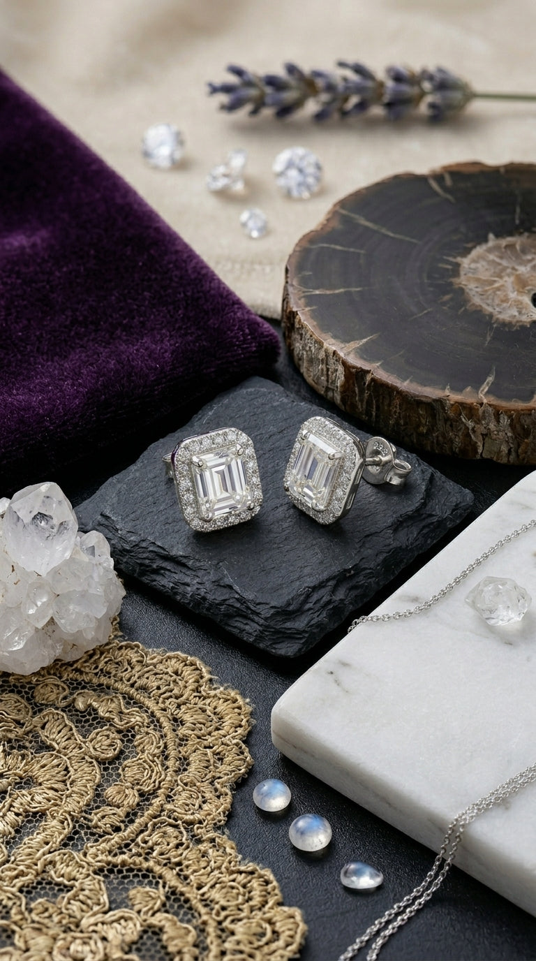 Emerald-Cut Halo Moissanite Stud Earrings