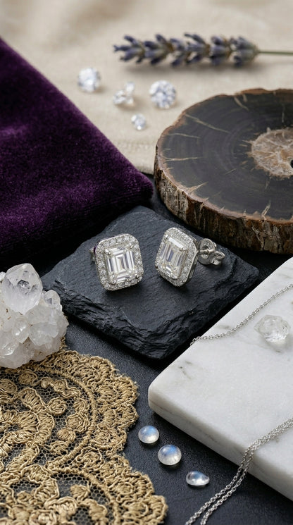 Emerald-Cut Halo Moissanite Stud Earrings