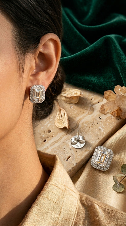 Emerald-Cut Halo Moissanite Stud Earrings
