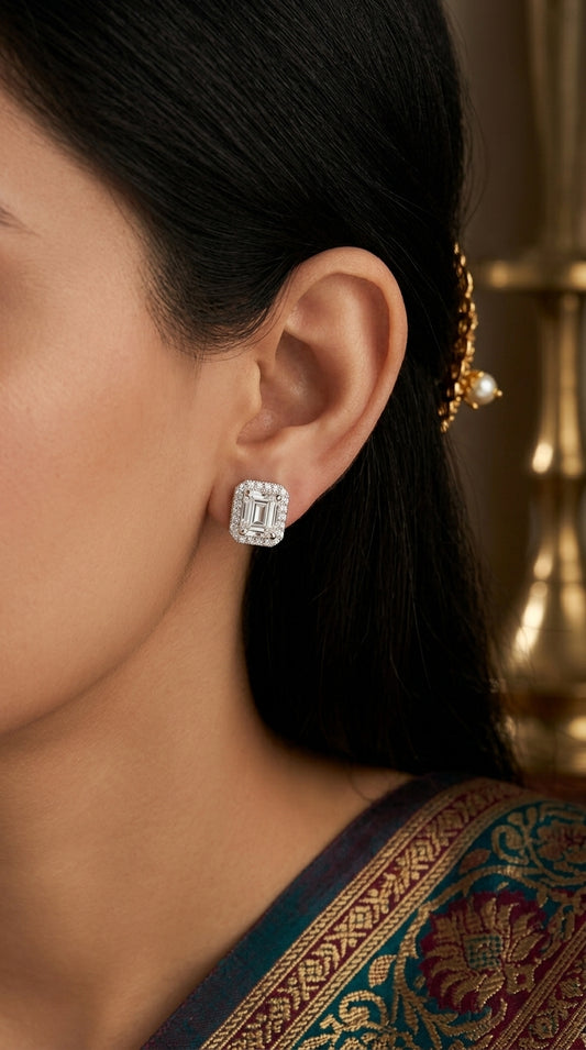 Emerald-Cut Halo Moissanite Stud Earrings