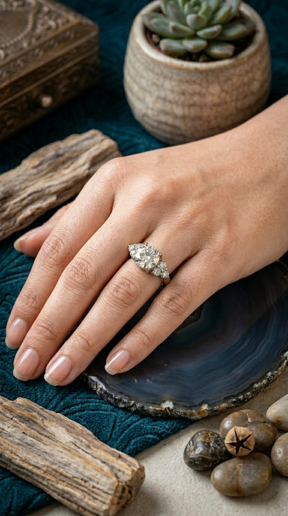 Round Brilliant Moissanite Three-Stone Ring