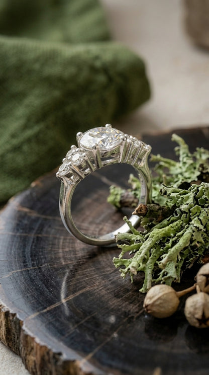 Round Brilliant Moissanite Three-Stone Ring
