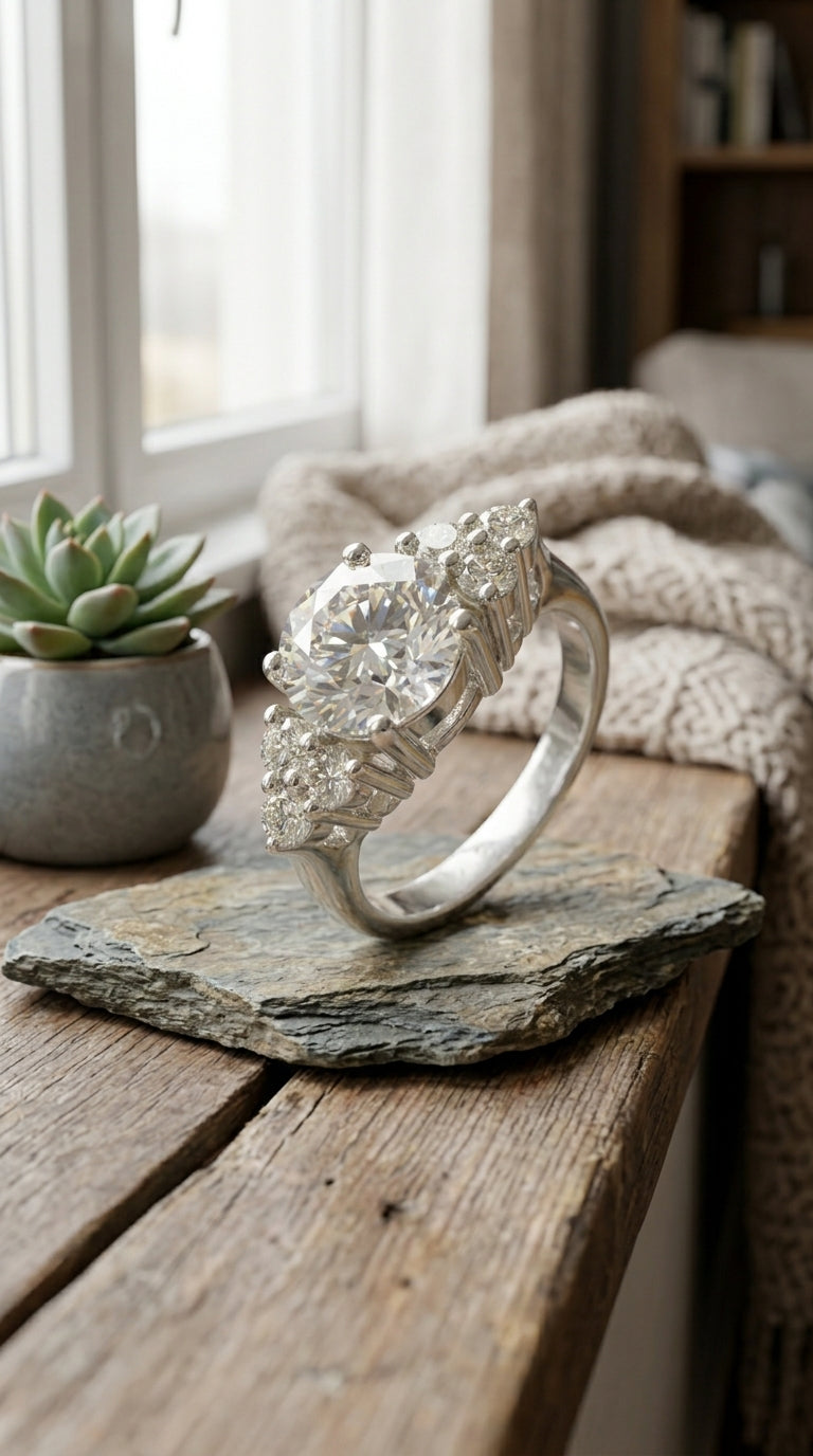 Round Brilliant Moissanite Three-Stone Ring