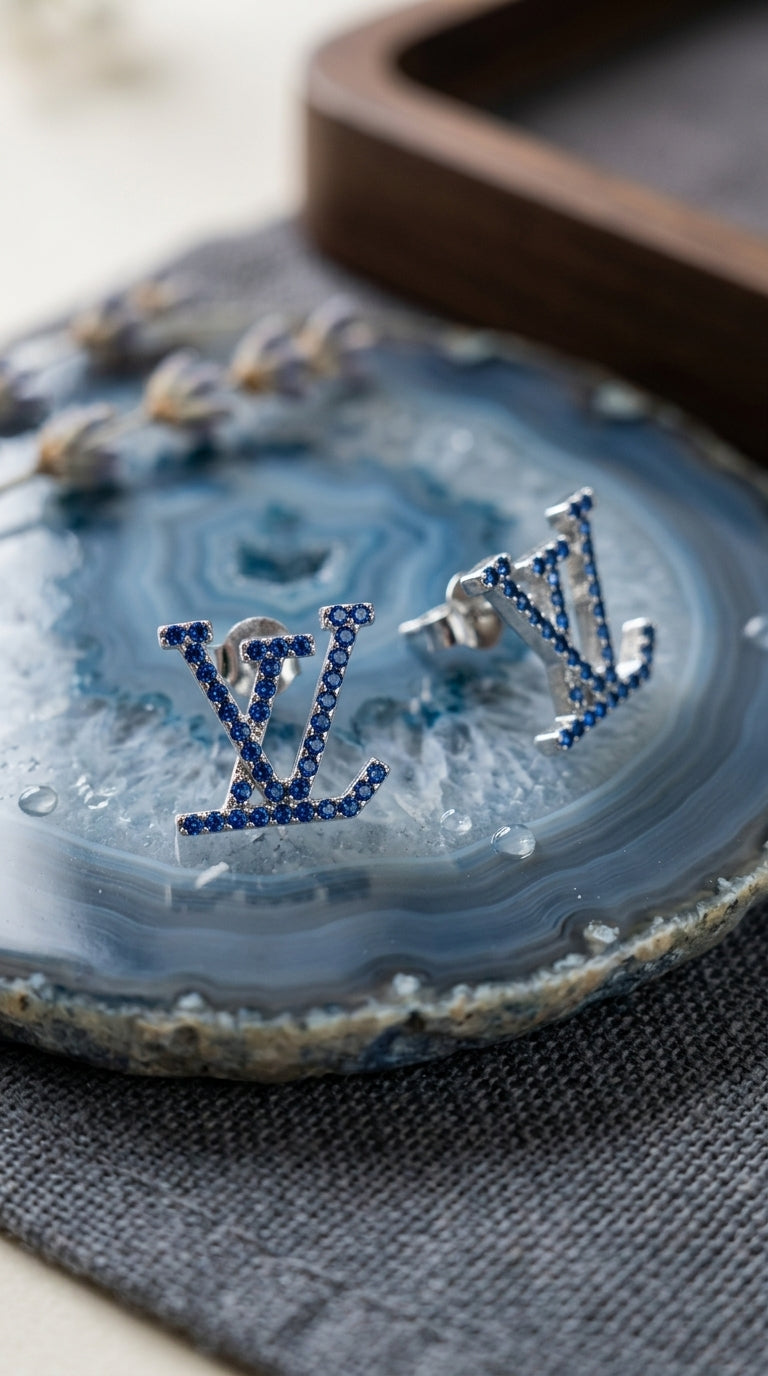 Blue Crystal Monogram Stud Earrings
