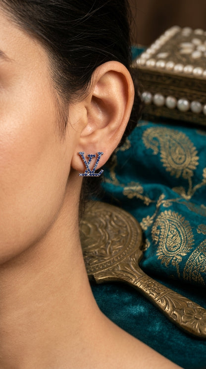 Blue Crystal Monogram Stud Earrings