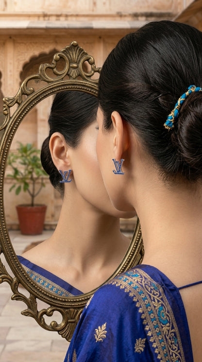 Blue Crystal Monogram Stud Earrings