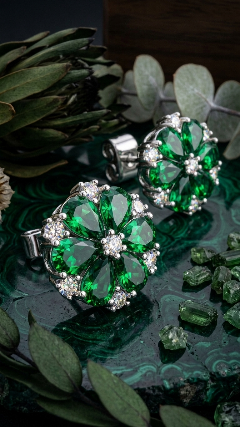 Green Floral Stud Earrings