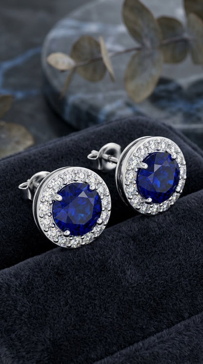 Royal blue Sapphire CZ  Halo Studs
