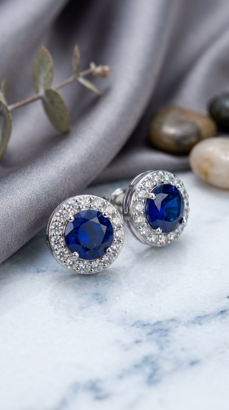 Royal blue Sapphire CZ  Halo Studs