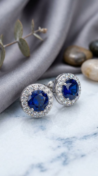 Royal blue Sapphire CZ  Halo Studs