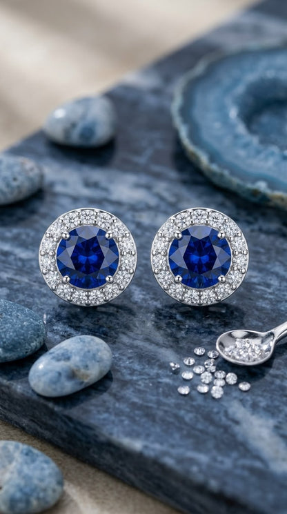 Royal blue Sapphire CZ  Halo Studs