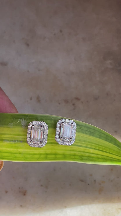 Emerald-Cut Halo Moissanite Stud Earrings