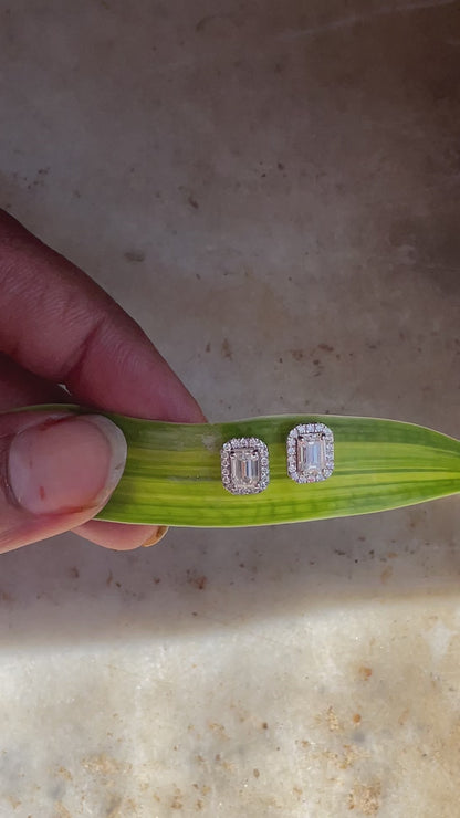 Emerald-Cut Halo Moissanite Stud Earrings